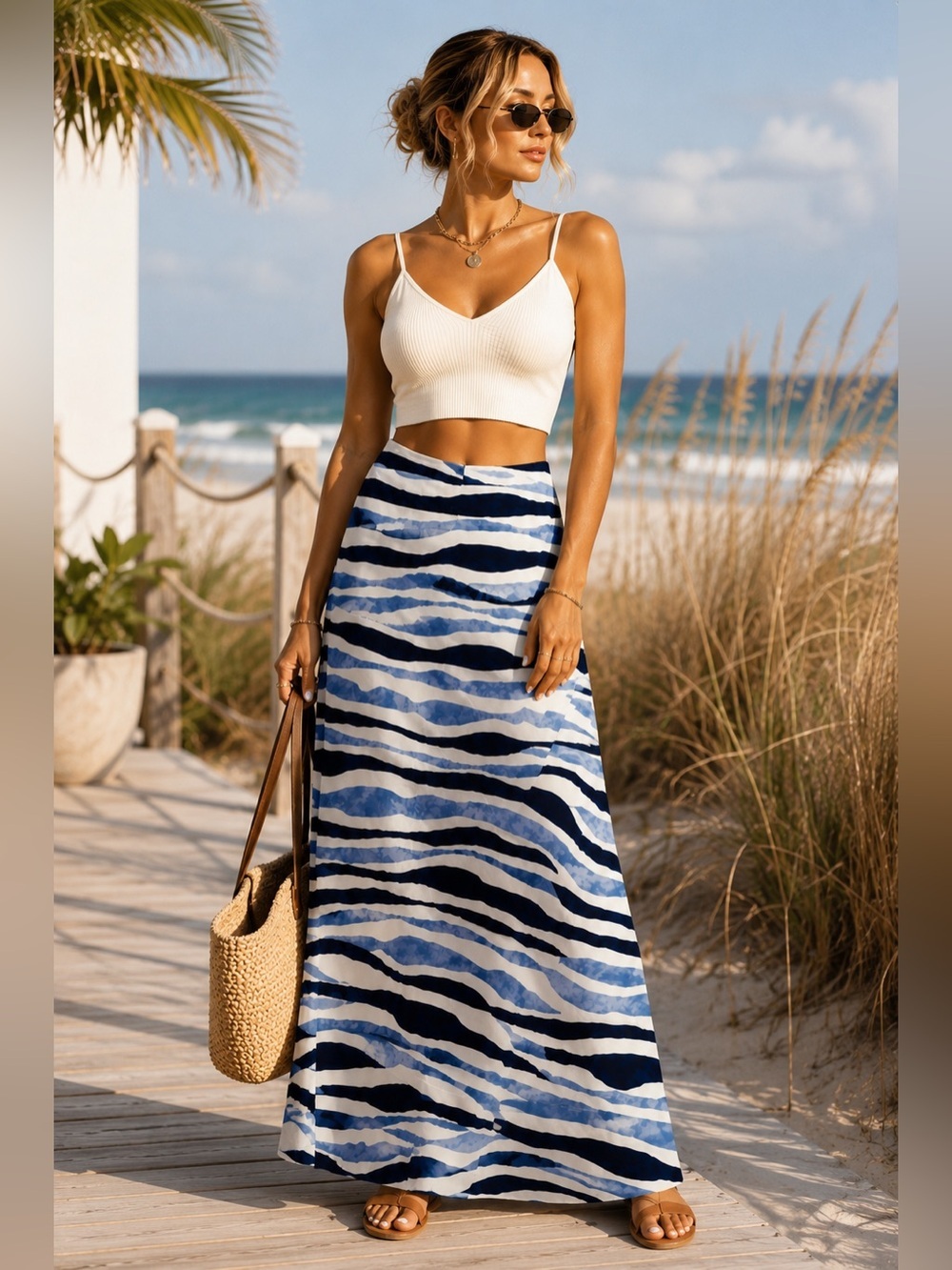 NWT CeCe Women’s Blue Striped A-Line Maxi Skirt Small